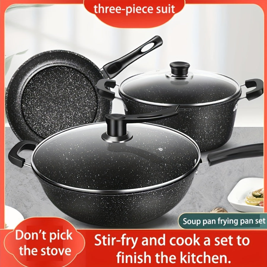 Set of 3 Maifan Stone Non-Stick Cast Iron Cookware Pieces, Suitable for All Stove Types, Hand Wash Only, Comes with Lid - Must-Have Kitchen Set