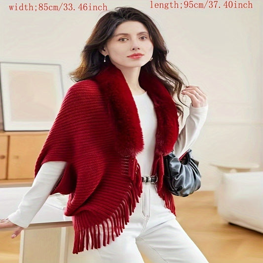 Stylish acrylic shawl wrap with faux fur collar, batwing sleeves, warm knit, machine washable.