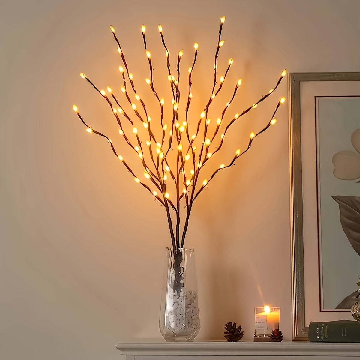 20 LED Branch Lights for indoor decoration, ideal for weddings, birthdays, and Christmas. Features a branch design. Requires 2 AA batteries (not included).