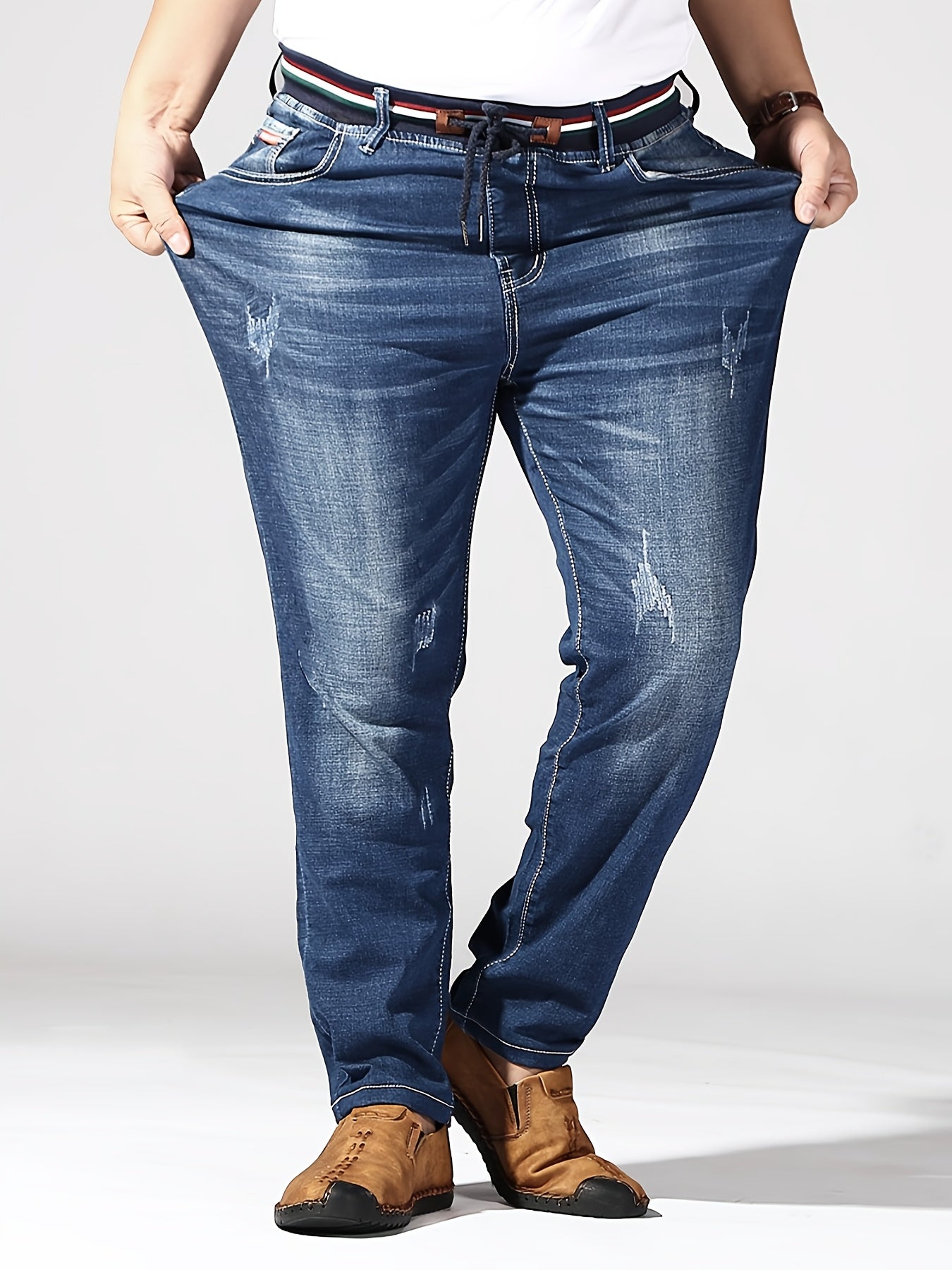 Men's Plus Size Slim-Fit Stretch Denim Jeans with Elastic Waistband, perfect for Autumn and Spring