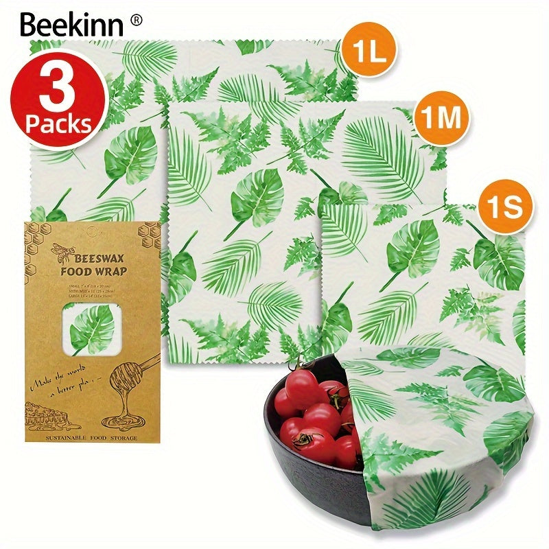 Set of 3 Beeswax Food Wraps, Eco-Friendly Fabric, Hand Washable, Environmentally Friendly, Sustainable Storage Solution for Kitchen