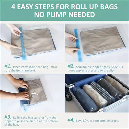 6-piece set of vacuum storage bags, great for storing blankets, bedding, clothes, quilts, and duvets while traveling. These portable plastic bags are essential for saving space in your home and keeping your items organized.