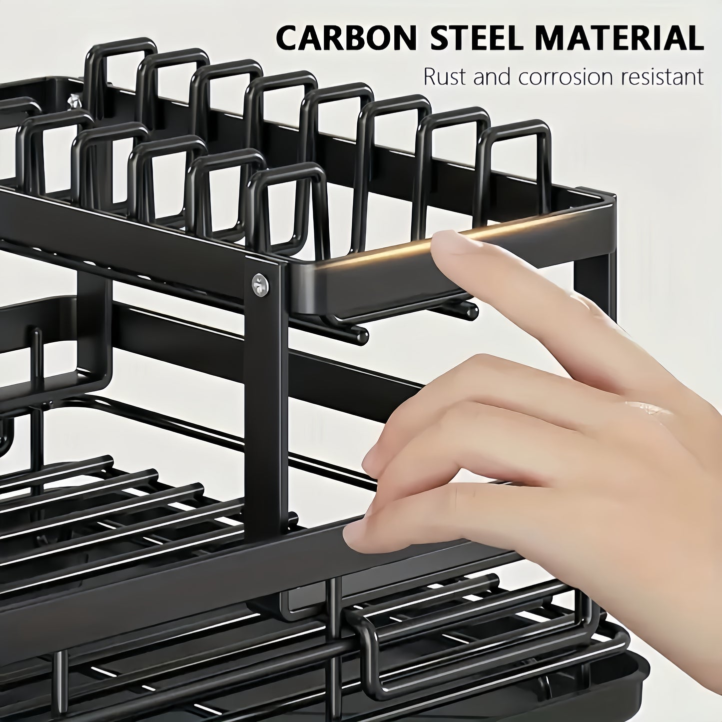 Space-saving double dish rack with drainer, chopping board rack, cup, and cutlery rack. Large capacity, stackable, easy to remove for cleaning. Ideal for kitchen organization.