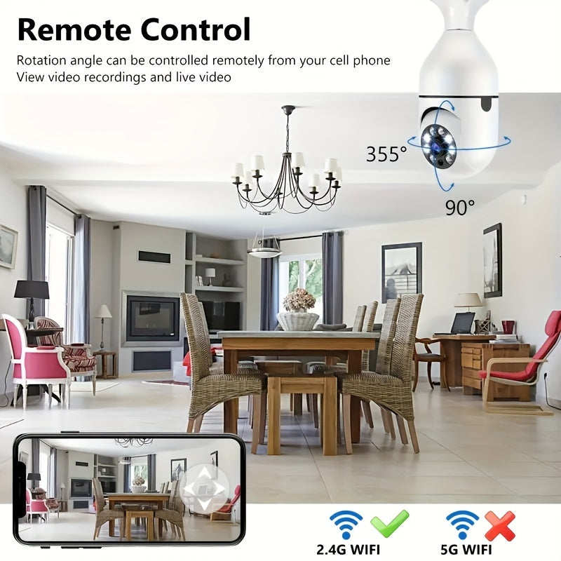 E27 Wifi Camera: Wireless 355-degree Panoramic IP Camera with 1080P Resolution. Features Smart Home Surveillance, Motion Detection Alarm, Night Vision, Two-way Communication, Indoor Monitoring, and Care Security Capabilities.