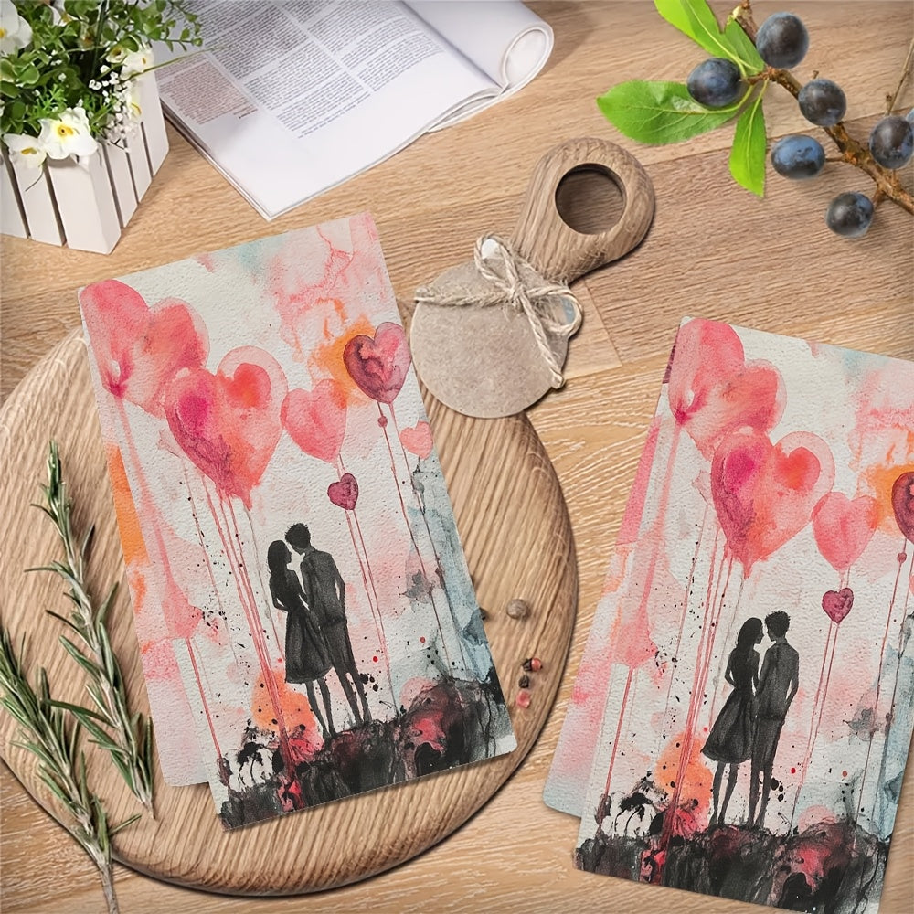 Set of 2 Romantic Balloon Illustrated Kitchen Towels - Made of Ultra Soft, Highly Absorbent Polyester, 40.64x60.96 cm, Easy to Clean in Washing Machine, Ideal for Adding a Touch of Love to Your Valentine's Day Decor, Perfect for Drying Dishes