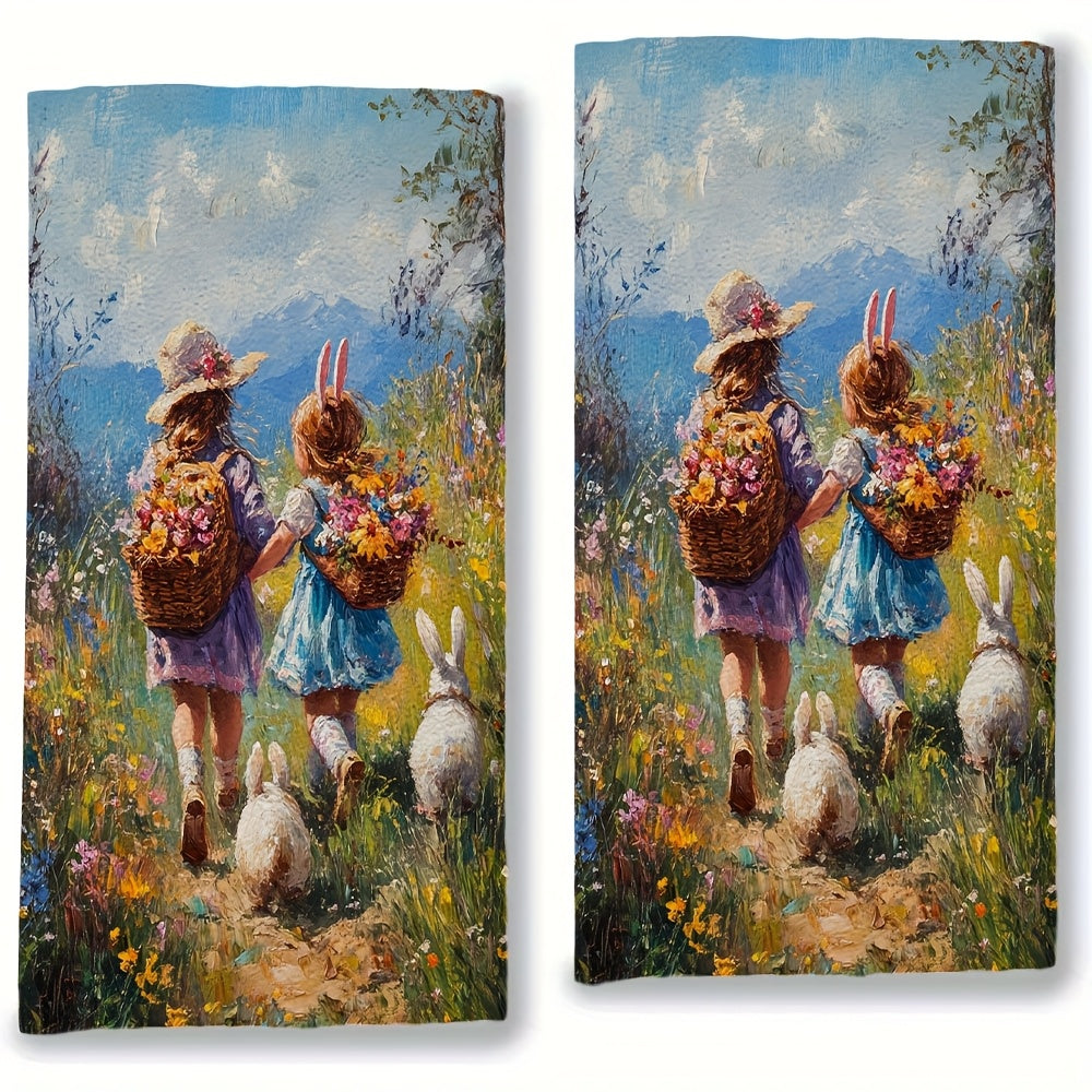 Set of 2 Ultra Soft Kitchen Towels, Perfect for the Easter egg hunt and showcasing the treasures of love in an oil painting style. These highly absorbent dish hand towels are ideal for holiday decor. Machine washable and measuring 16x24 inches each. Item