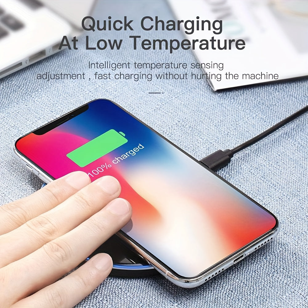 Wireless charger for iPhone and Samsung devices with fast charging capabilities.