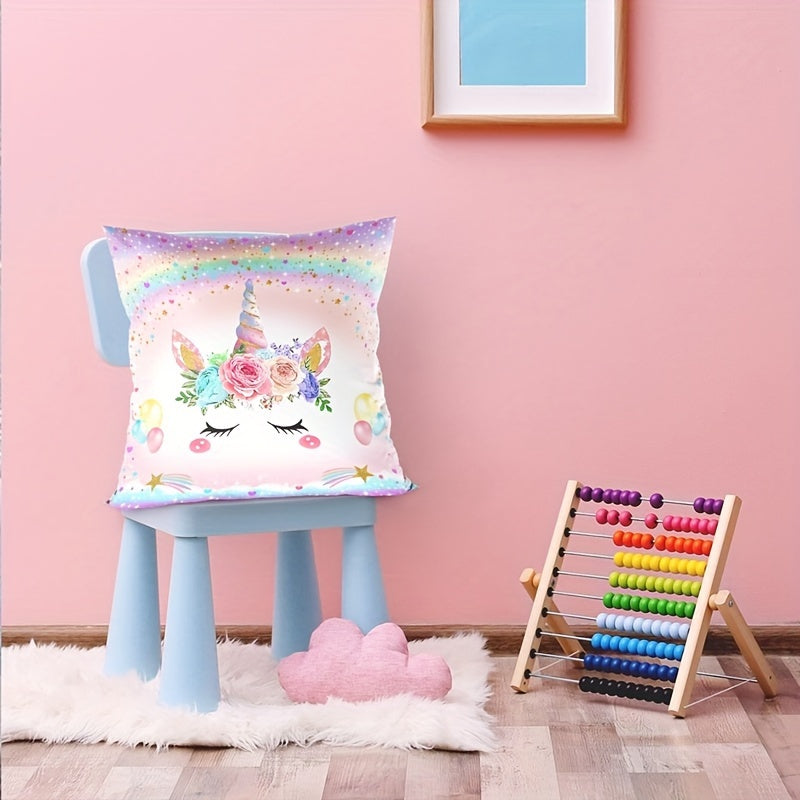 Unicorn-themed pillowcase made of woven polyester with zipper closure. Machine washable and suitable for bedroom, sofa, and home decor. Features contemporary unicorn pattern design.