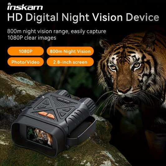 The INSKAM HD Digital Night Vision Device features a 2.8-inch screen, 1080P resolution, and 800m night vision range. It offers dual power mode (battery/USB) with a rechargeable lithium