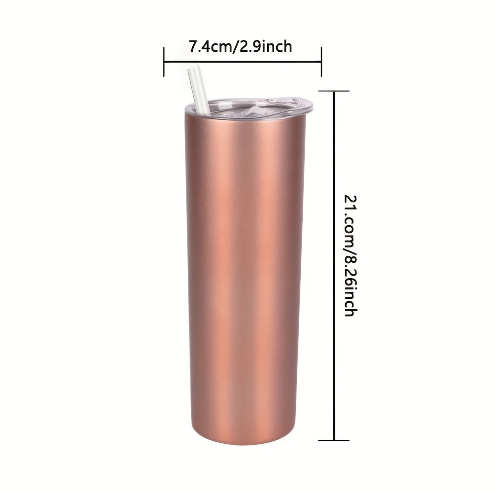 20oz skinny tumbler with stainless steel double wall and vacuum insulation, includes lid and straw.