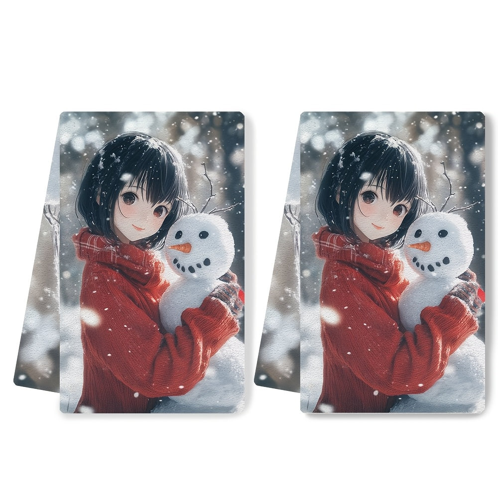 2 pieces of Kitchen Towels with ultra soft, highly absorbent material. Featuring a charming anime girl with short black hair and a red sweater making a snowman in the winter. Perfect for holiday decor, machine washable, and measures 16x24 inches. Item