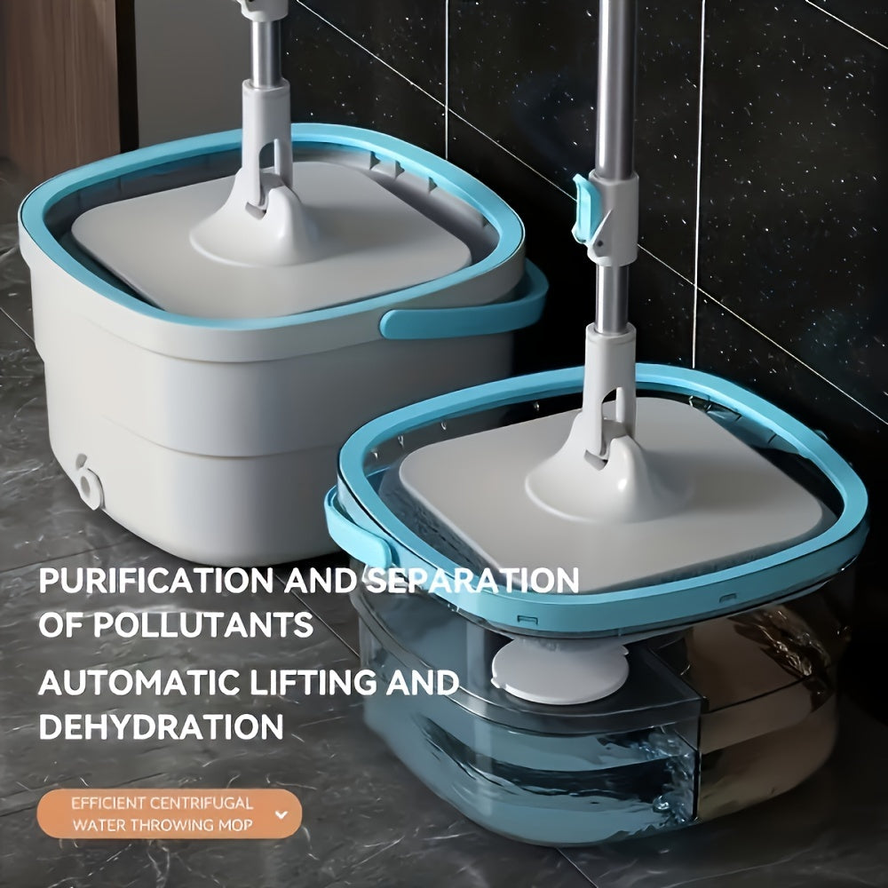 Household hands-free rotating mop set with bucket, includes 2 mop heads and pollution separation bucket. Perfect for cleaning living rooms, bedrooms, bathrooms, toilets, and kitchens without the need for electricity.