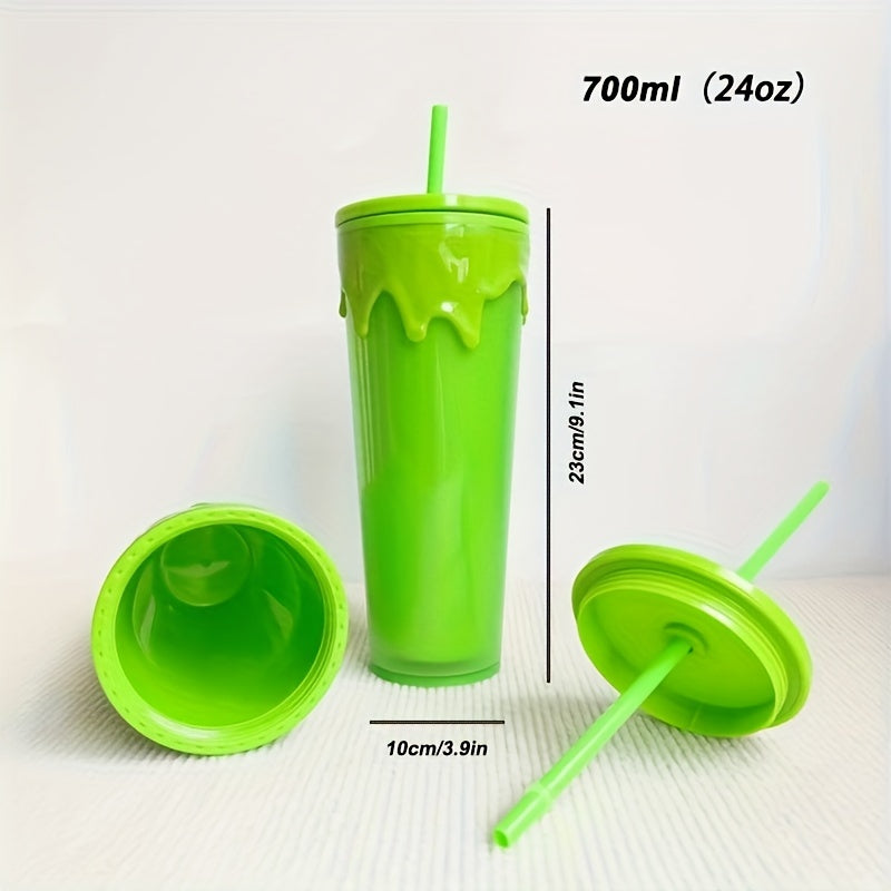 24oz Glow-in-the-Dark Reusable Tumbler with Lid & Straw, Double Wall Insulated BPA-Free Plastic, Vibrant Green for Cold Drinks, Gifts, Travel, and Recyclable.