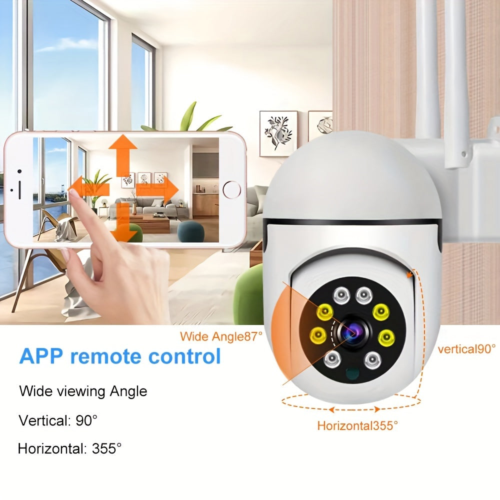 Wireless security camera with dual antenna, indoor wall mount, Android and app control, night vision, motion and audio alert, color display, USB powered, WiFi connectivity.