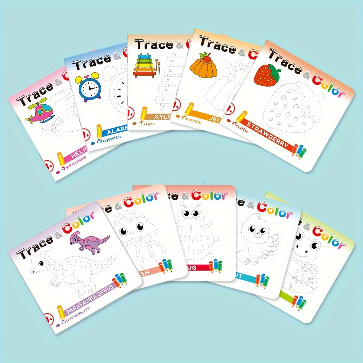 Handwriting tracking stick figure coloring book for children, set of 10.