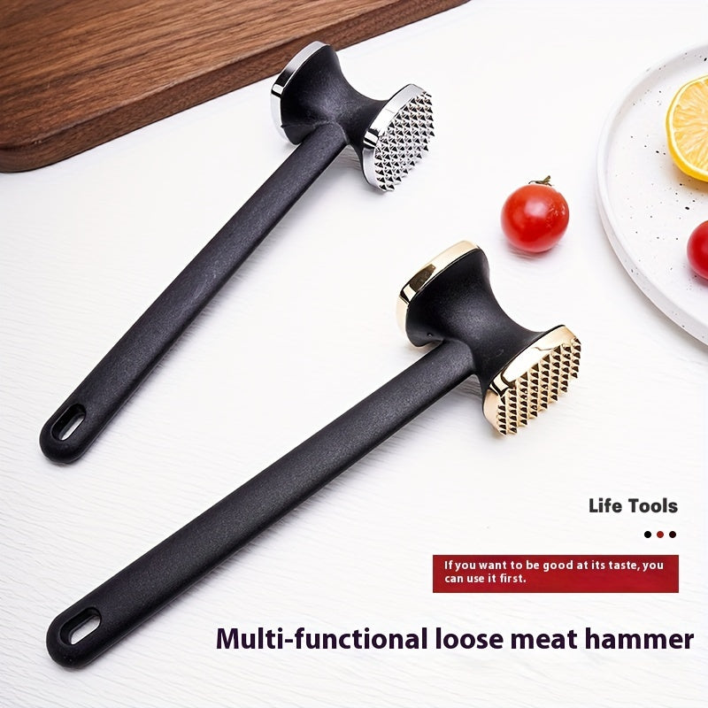 This meat tenderizer is coated in zinc and has a golden finish. It has a nylon handle and features two sides for pounding meat. Perfect for tenderizing steaks and loosening meat fibers.