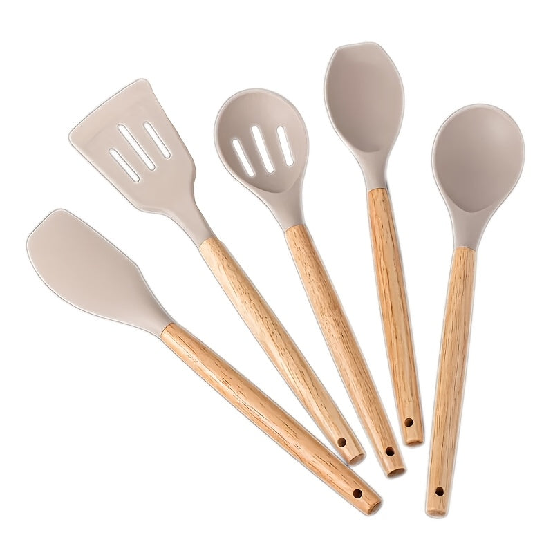 5-piece Non-Stick Kitchen Utensil Set with Wooden Handles, Safe for Food Contact - Ideal for Frying, Serving Soup & Sauces