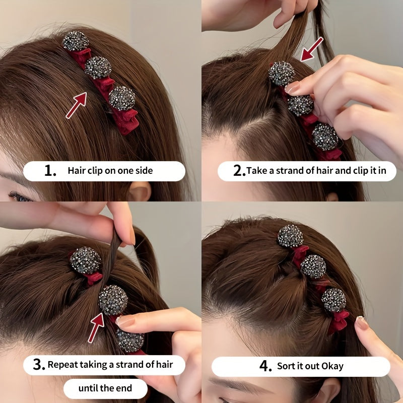 Set of 4 sparkling crystal stone braided hair clips for women, in duckbill hair barrette style.