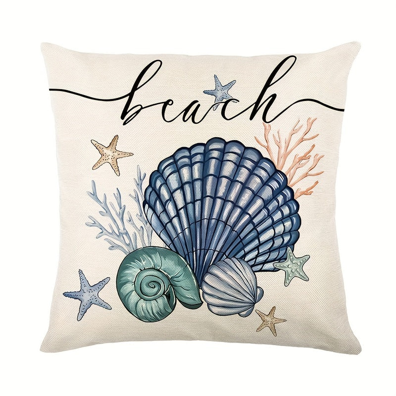 Summer starfish and shell throw pillow covers in a contemporary style, measuring 45.72x45.72 cm. Perfect for nautical ocean beach holiday theme decor, suitable for home, porch, patio, couch, sofa, and outdoor use. Made of durable polyester, pillow