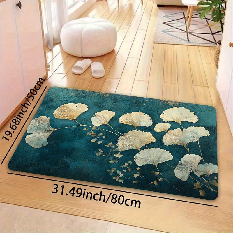 This retro-style Ginkgo Leaf pattern floor mat is 8mm thick and made from soft, high-quality material. It is suitable for use in the kitchen, living room, or bedroom. This durable mat is machine washable and can be used as an entrance door mat or