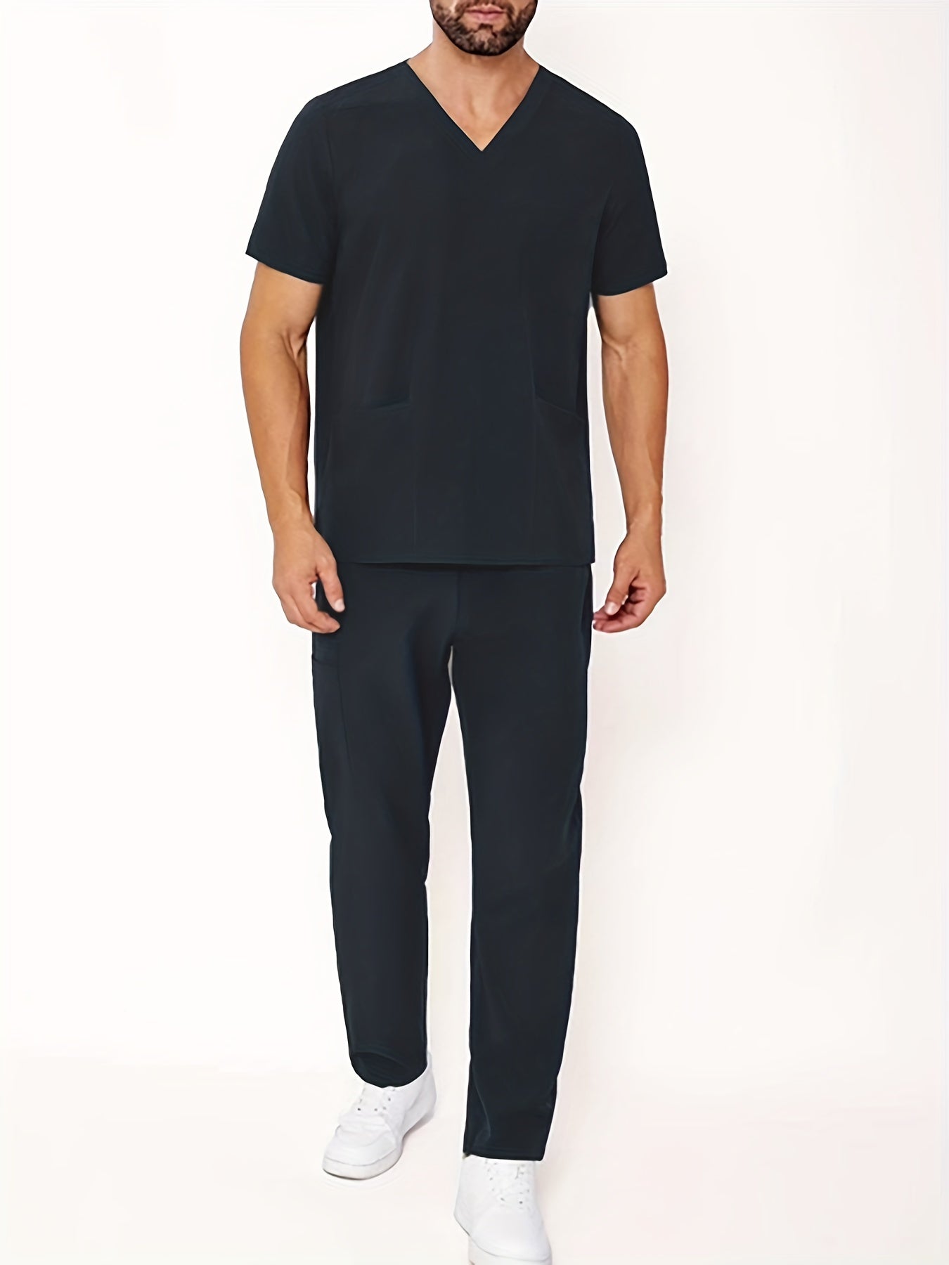 Men's Summer V-Neck Scrub Set with Pockets - Casual, Machine Washable Workwear for Medical Staff