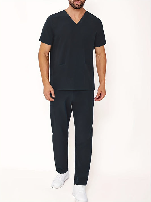 Men's Summer V-Neck Scrub Set with Pockets - Casual, Machine Washable Workwear for Medical Staff