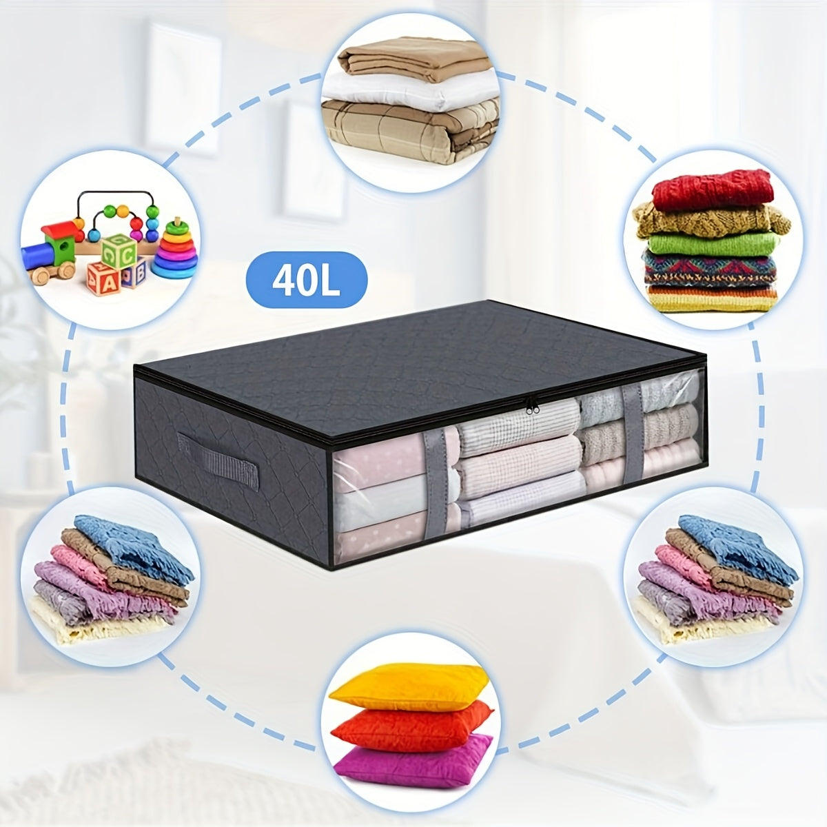 Underbed storage solution includes 2pcs/1pc moisture-proof plastic window underbed storage bag, non-woven clothes organizing bag, and blanket storage with handle. Perfect for organizing clothes and blankets in your bedroom and maximizing under-bed