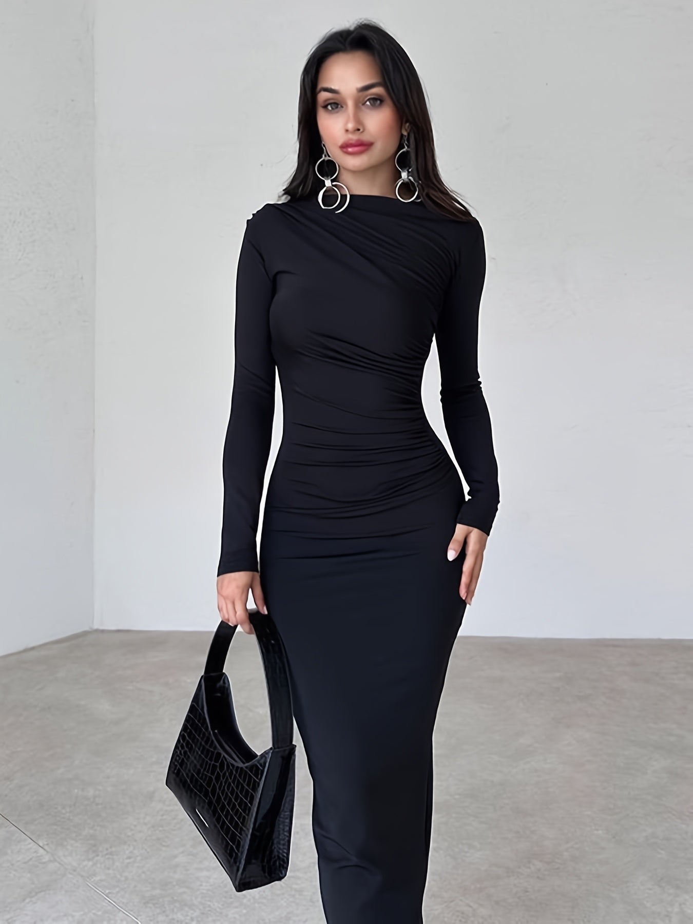 Women's long sleeve pencil dress made from 95% polyester and 5% elastane knit fabric. Features solid color sheath with draped detail, conventional collar, all-season long length, and side