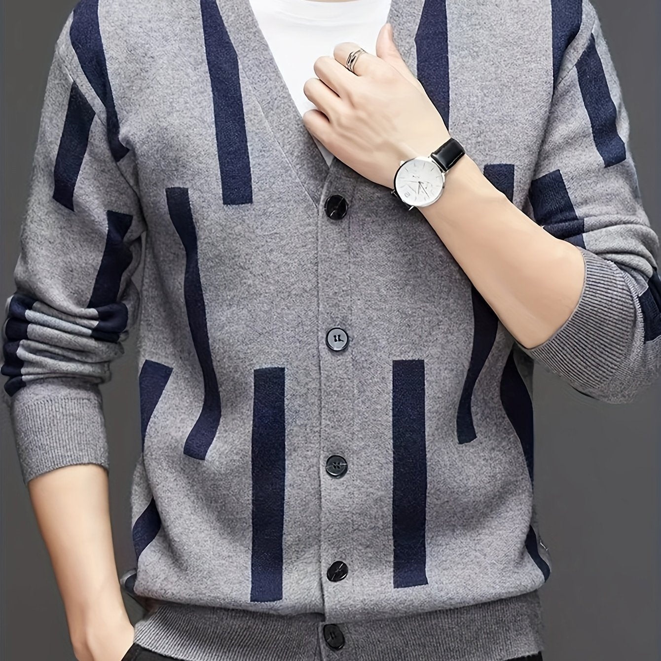 Men's V-Neck Cardigan Sweater in Dark Gray & Navy Blue with Contrast Stripes, Long Sleeve, Button-Up, Soft Cotton Blend, Lightweight, Casual All-Season Wear.