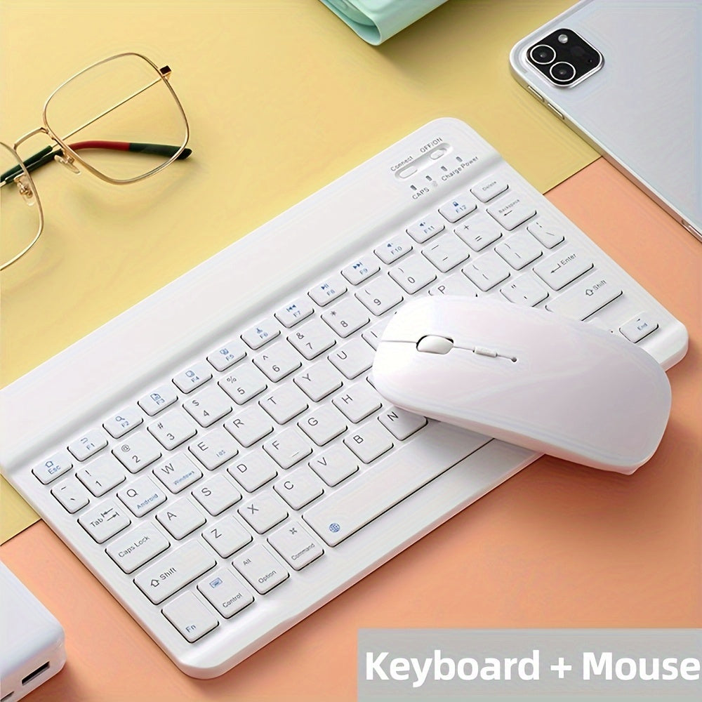 Slim wireless keyboard and mouse set for iPads, tablets, laptops, and office computers.