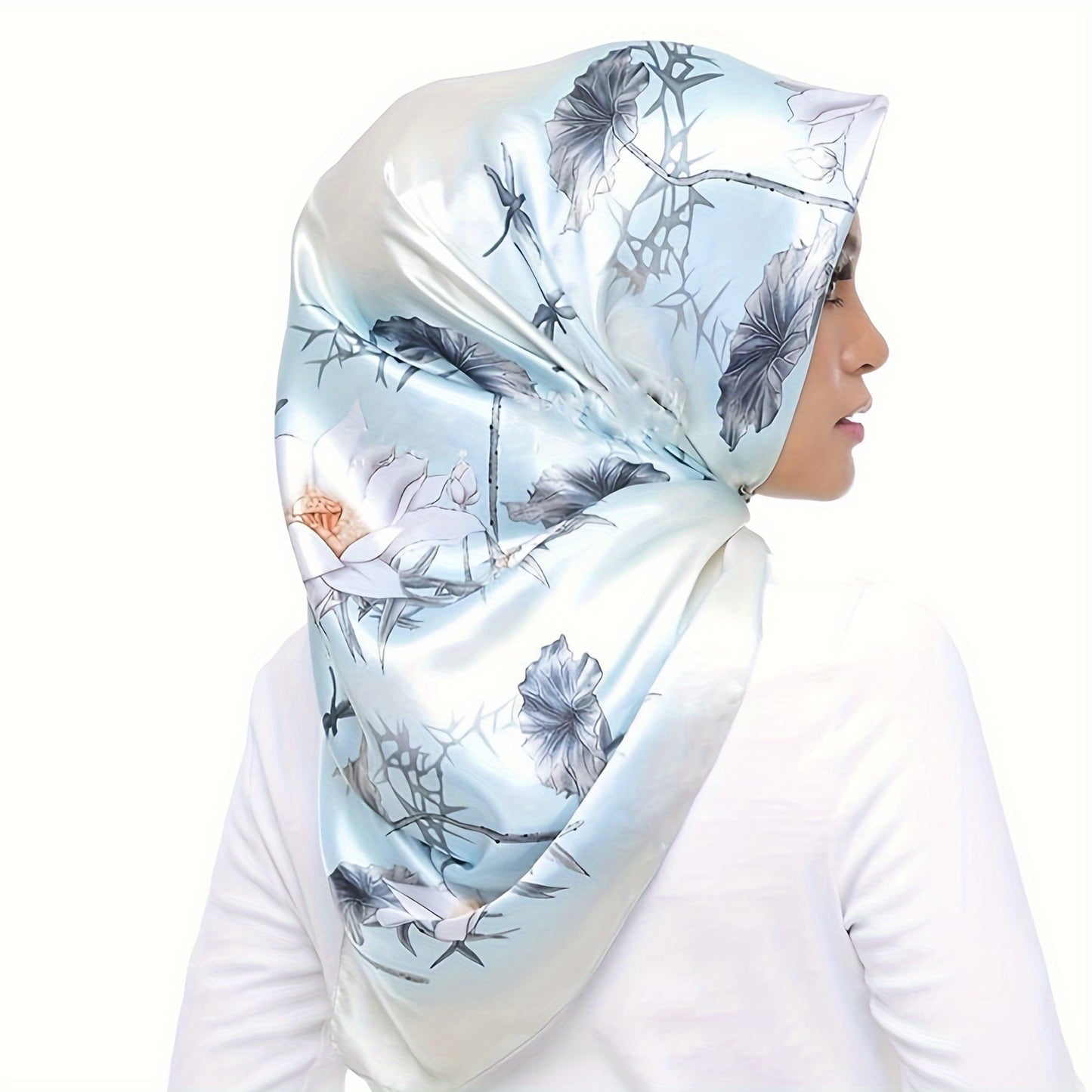 Chic Teal Polyester Square Scarf with Pink & White Floral Print - 89.92cm, Lightweight and Stylish, Ideal for Outdoor Use and Sun Protection.