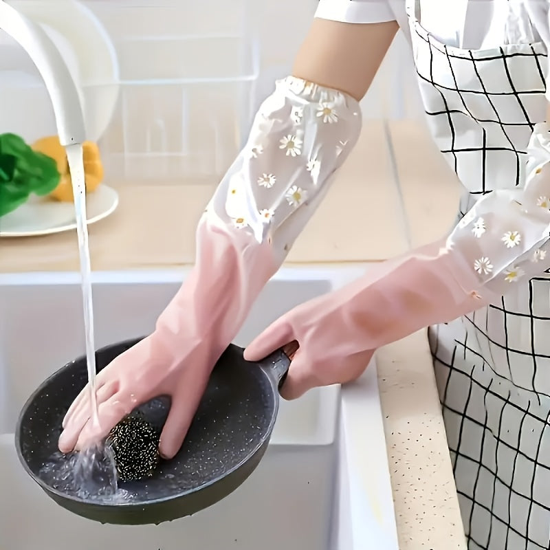 Two waterproof PVC cleaning gloves featuring a colorful daisy pattern, designed for a secure grip while washing dishes. Ideal for use in the kitchen, home, laundry, bathroom, toilet, living room, and bedroom. These gloves are non-toxic, multifunctional