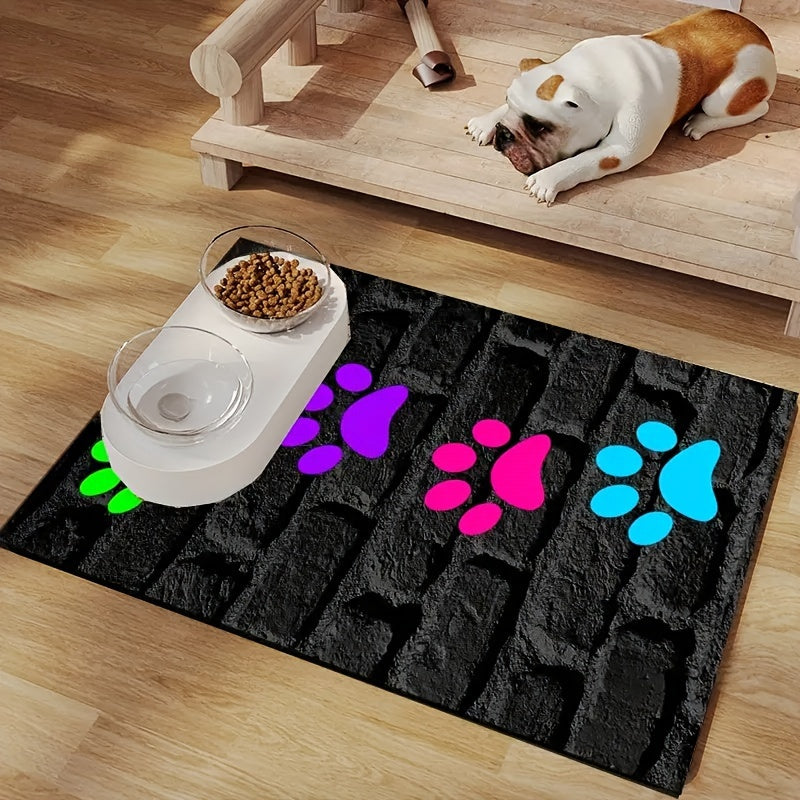 Cute paw print pet feeding mat for indoor/outdoor use, non-slip polyester material, versatile all-seasons accessory for pet food & water bowls.