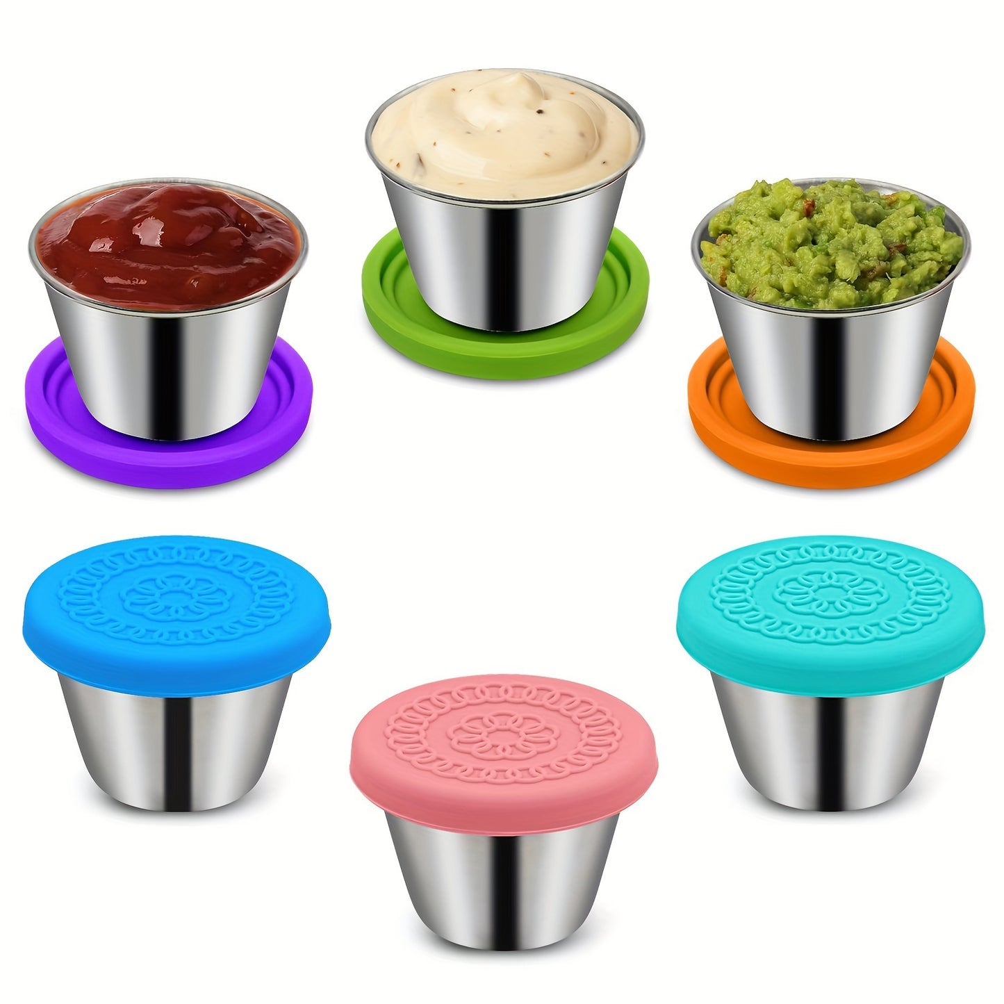 Stainless steel salad sauce containers with leakproof lids, ideal for lunch, dipping sauces, and picnics.