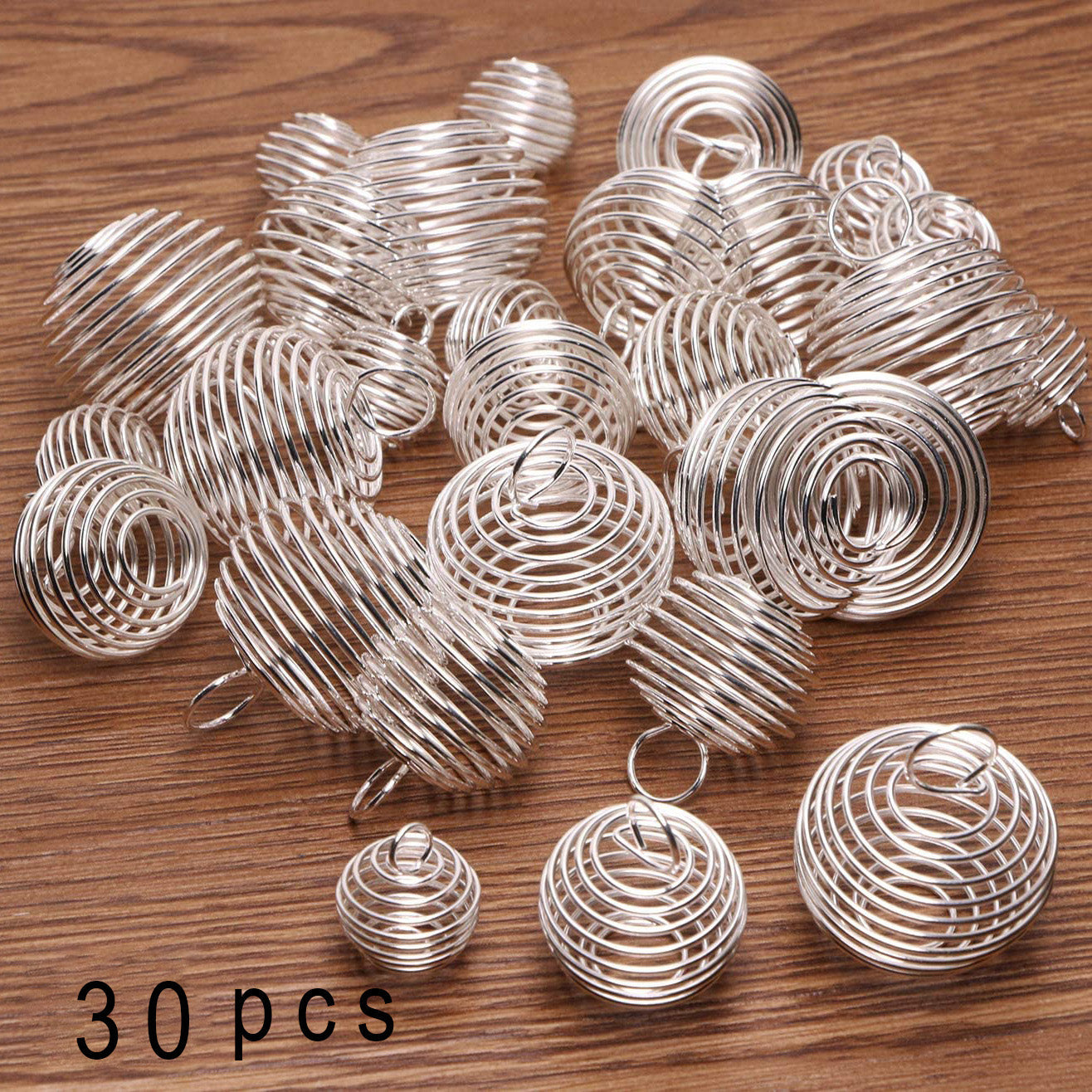 Set of 30 Spiral Bead Cage Pendants in 3 Different Sizes, Silver Finish, Perfect for Necklaces and Jewelry Making Projects