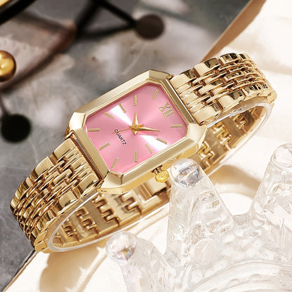 Chic women's quartz watch with elegant design, analog display, golden-tone rectangle case, stylish multi-color dial, shockproof alloy construction for daily wear and business casual.