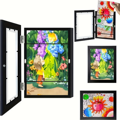 Cartoon-themed magnetic photo frame for girls' artwork display, folds for easy storage, can hold up to 150 A4 drawings, suitable for ages 6-14, made of artificial wood, 1 piece.