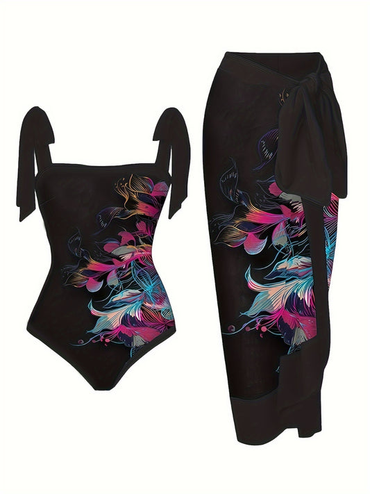 Plus size floral print swimwear set with cover up.