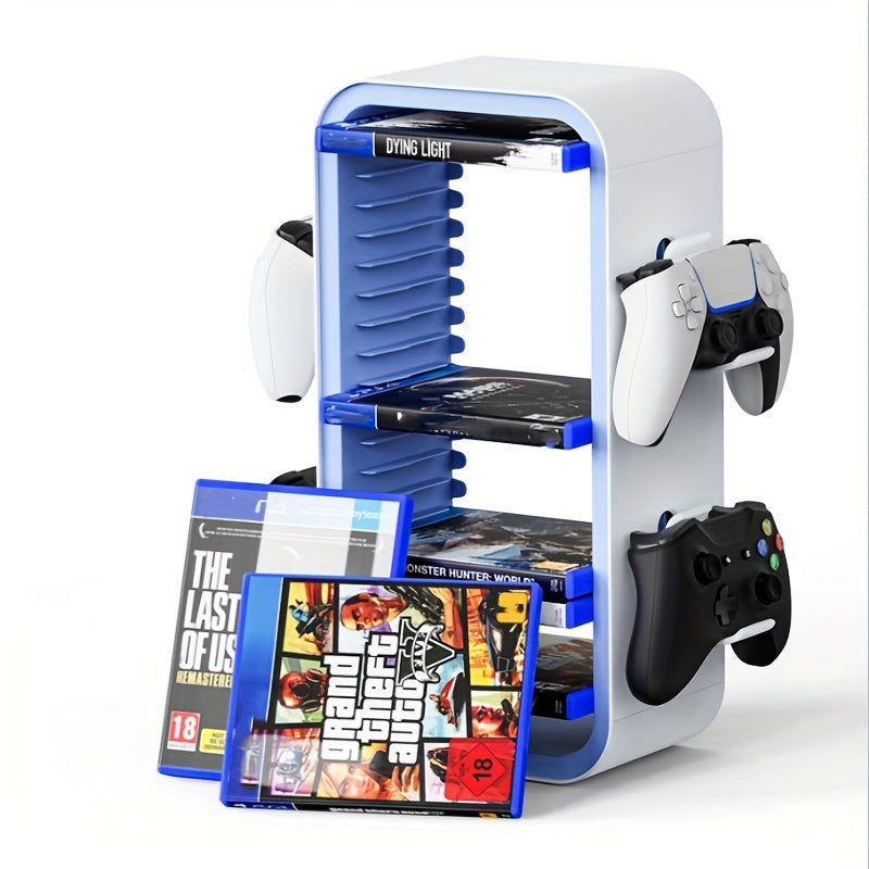 Game storage and controller stand holds 18 discs and 4 controllers for PS5/PS4/Switch/Xbox.