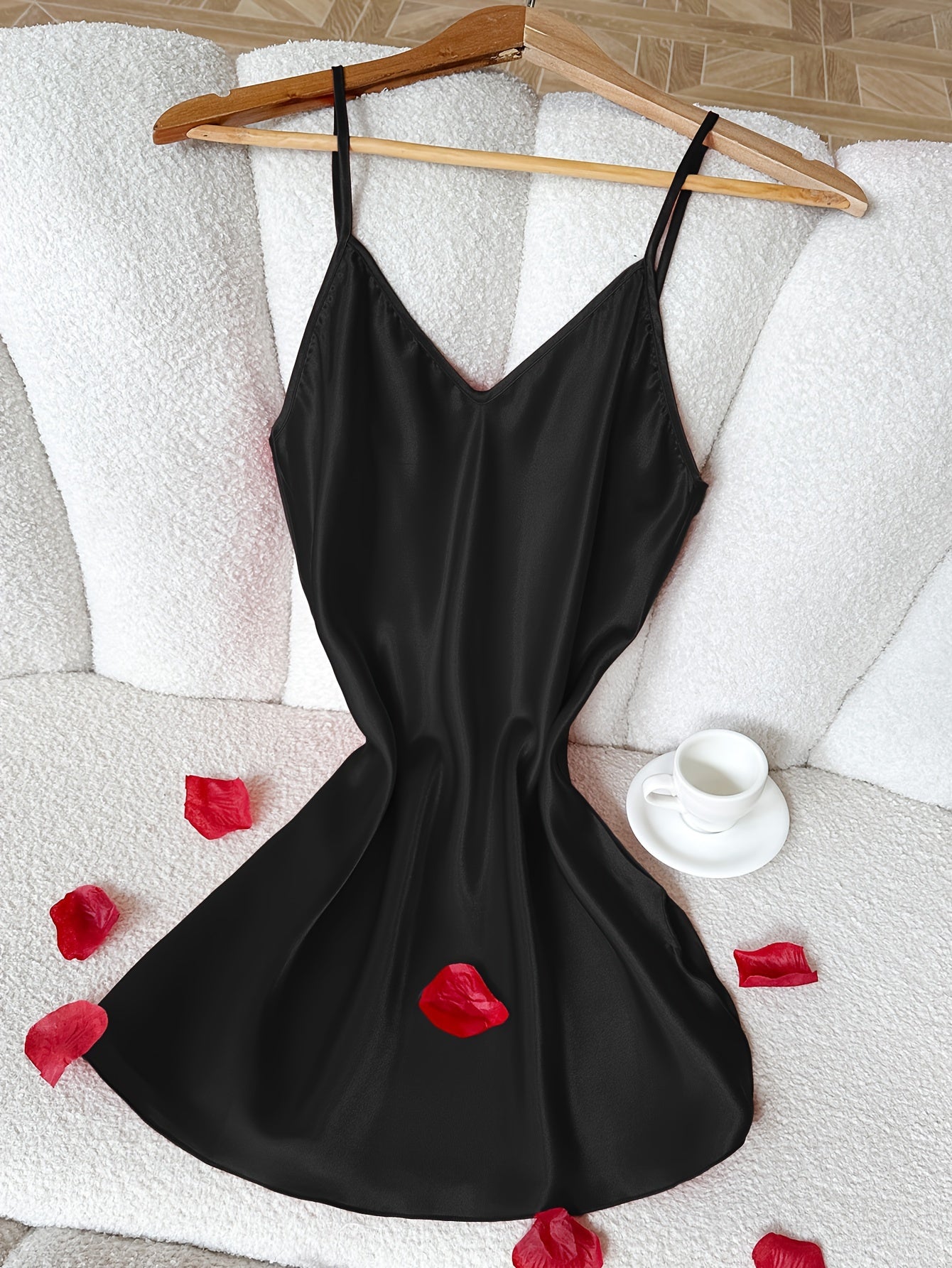 Solid satin nightdress with elegant V-neck, side split, and spaghetti straps for women's sleepwear.