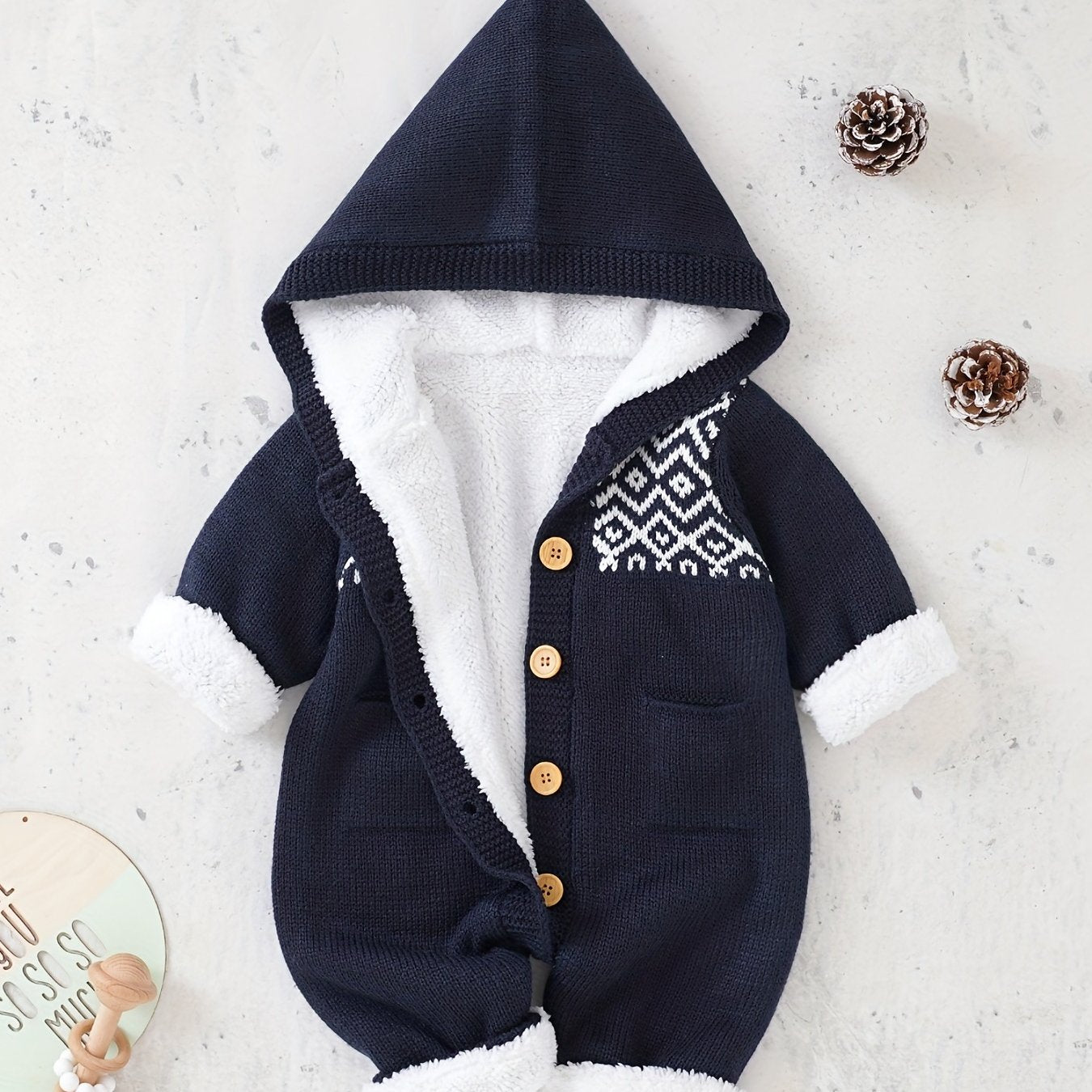 Knitted jumpsuit for newborn boys and girls with long sleeves and hooded pants.