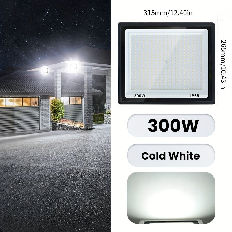 Aluminum LED floodlight suitable for outdoor use, ranging from 10-300W. Ideal for garden or playground lighting.