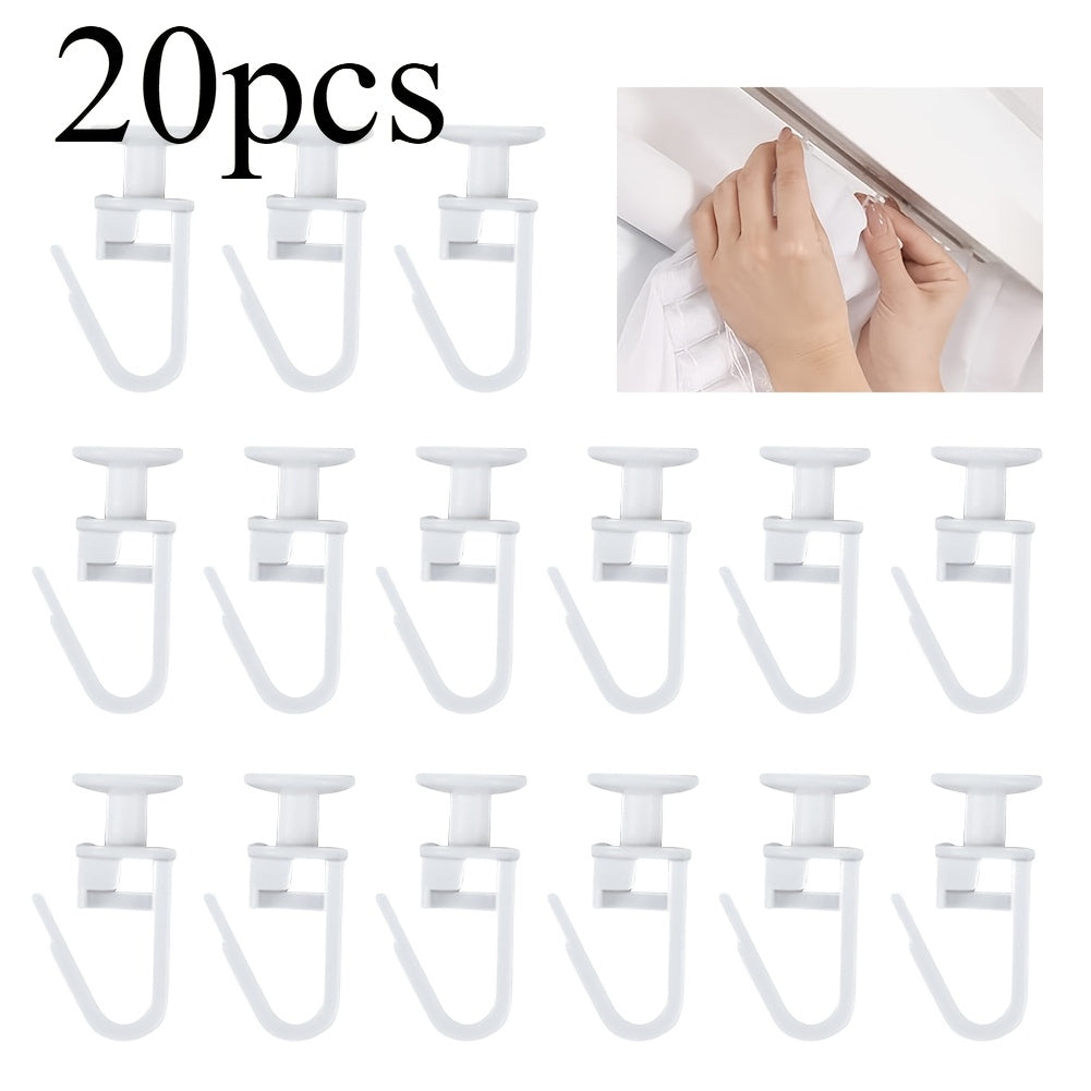 Set of 20 white plastic shower curtain hooks with pleated design for smooth movement. Durable and modern bathroom décor.