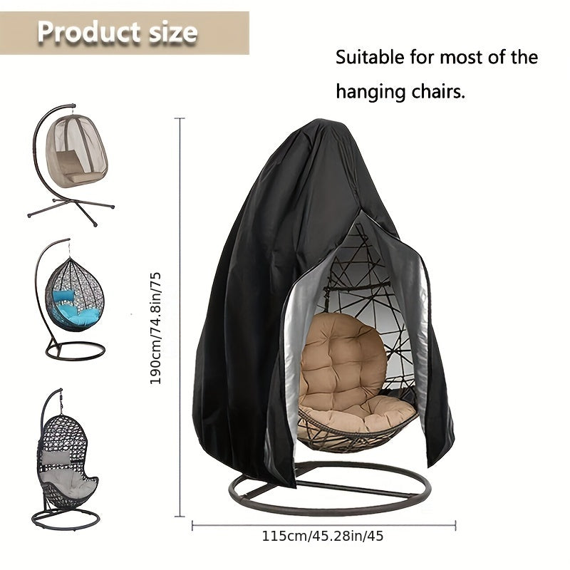 Waterproof and wind-proof black cover for a patio hanging egg chair with zipper and bottom buckle.