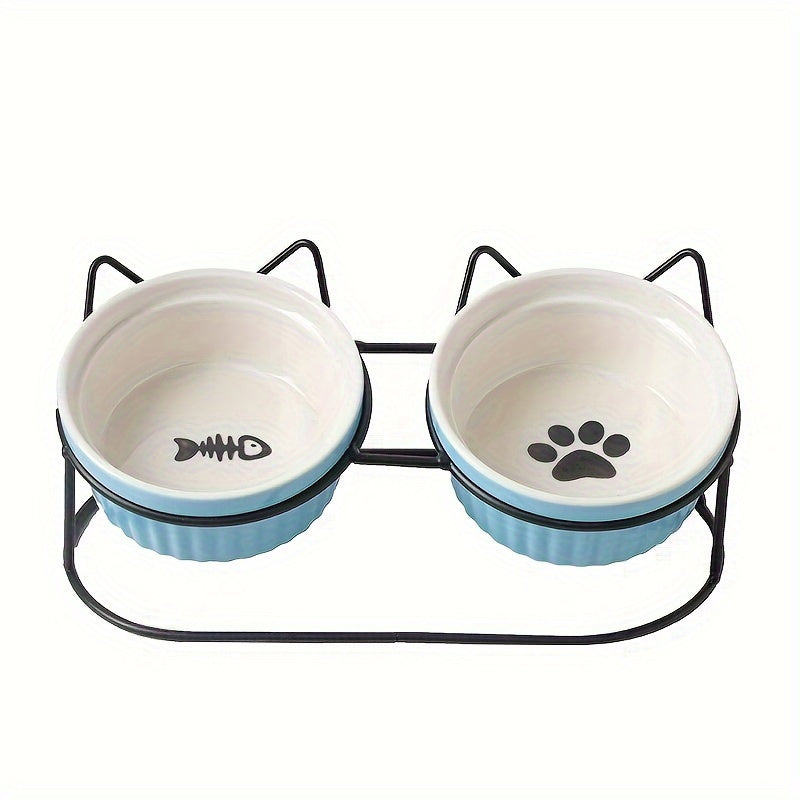 Set of non-slip ceramic cat food and water bowls with iron bracket promotes healthy eating and reduces neck strain.