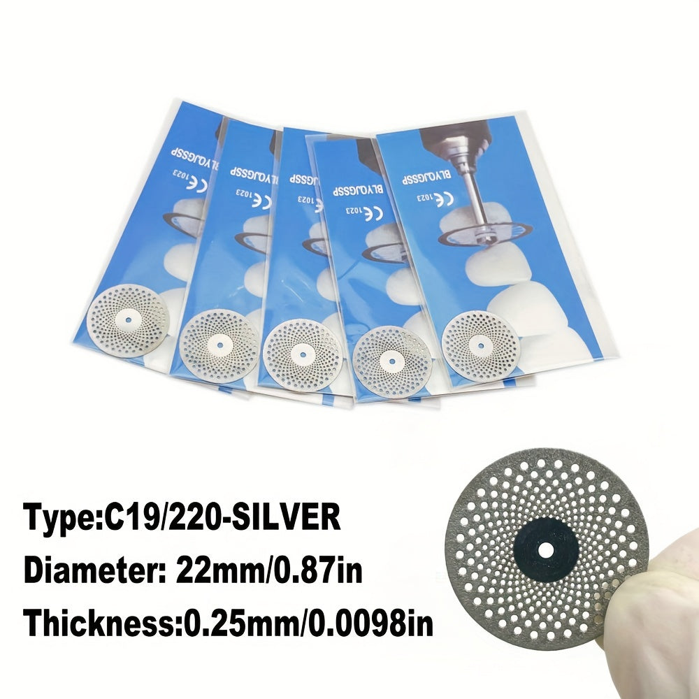 Five dual-sided diamond cutting discs for dental labs, in silver or golden, for high precision grinding and polishing.