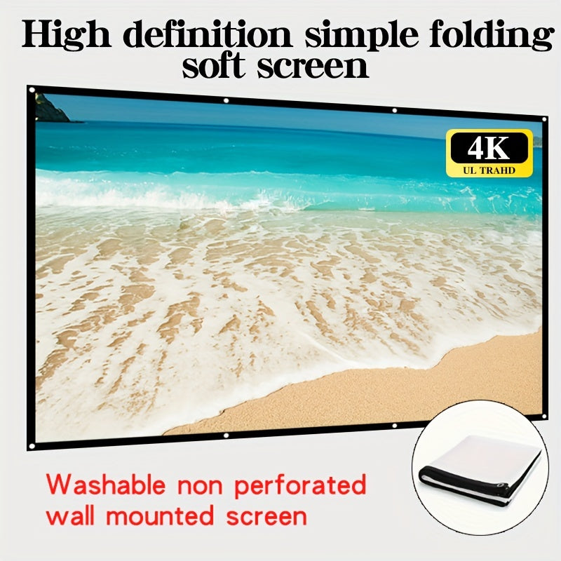 Two-sided projection screen with 4K resolution, available in various sizes for space-saving convenience. Easy to clean and can be ironed, suitable for bedrooms, living rooms, and large