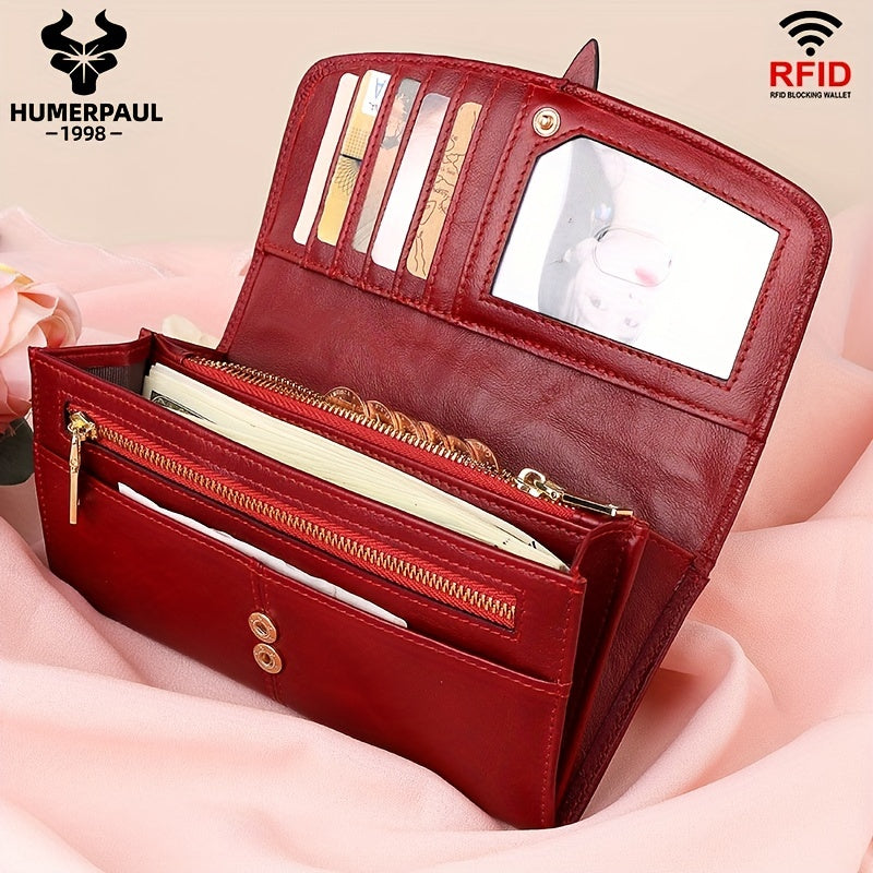 Red RFID blocking long clutch wallet with snap closure, zipper, coin pocket, and multiple card slots.