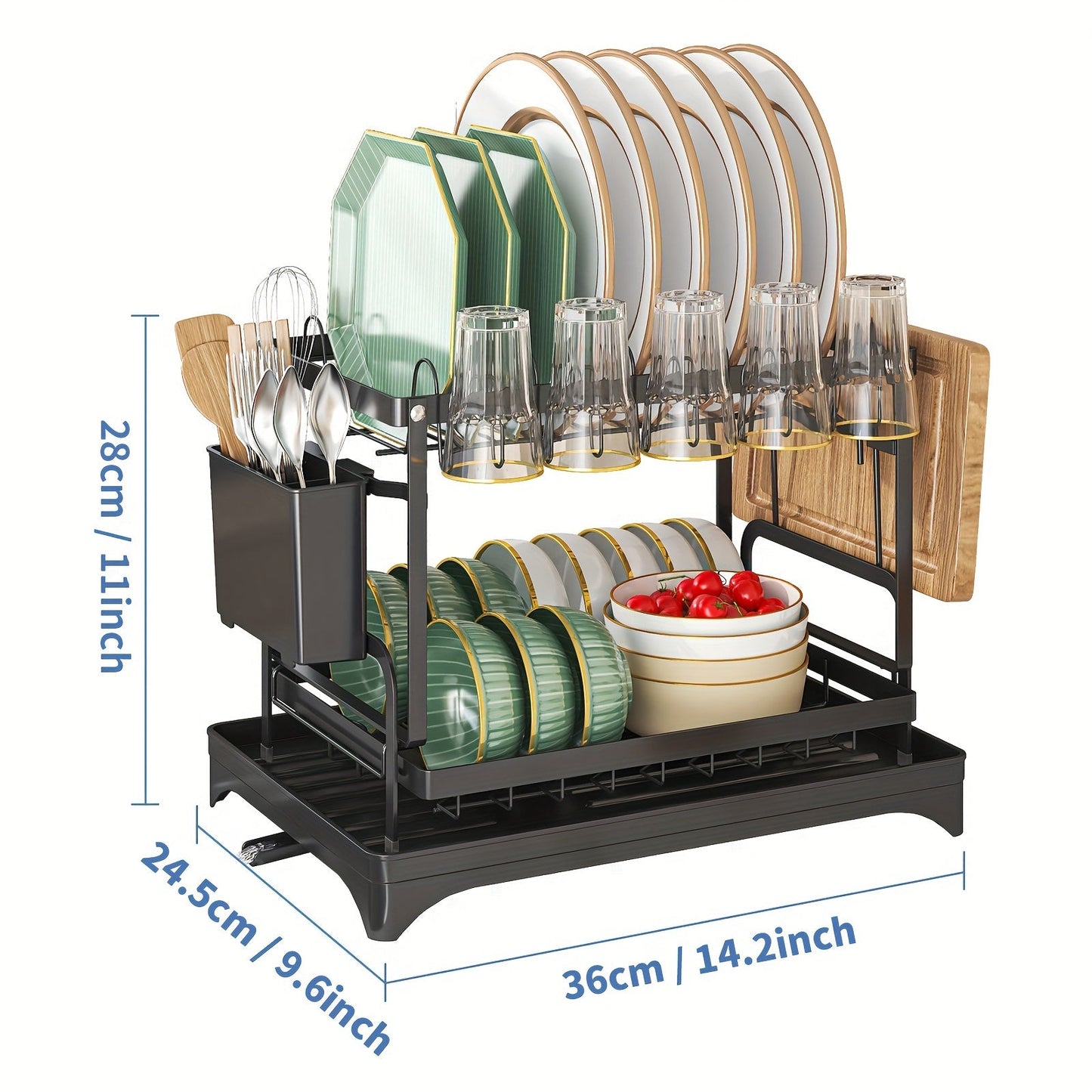 Kitchen Counter Rustproof 2-Tier Dish Drying Rack with Double Layer, Drainboard, and Utensil Holder - Ideal for Kitchen Accessories