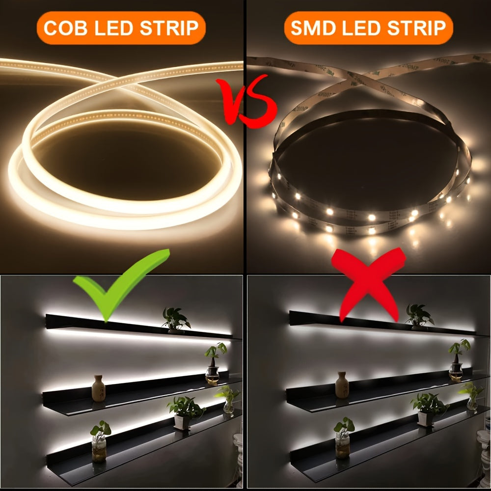 Flexible COB LED Strip Roll, 220V 12W/M High Brightness, Various Lengths, Energy Saving, Cuttable, Outdoor/Indoor Lighting, 1.2m Power Cord.